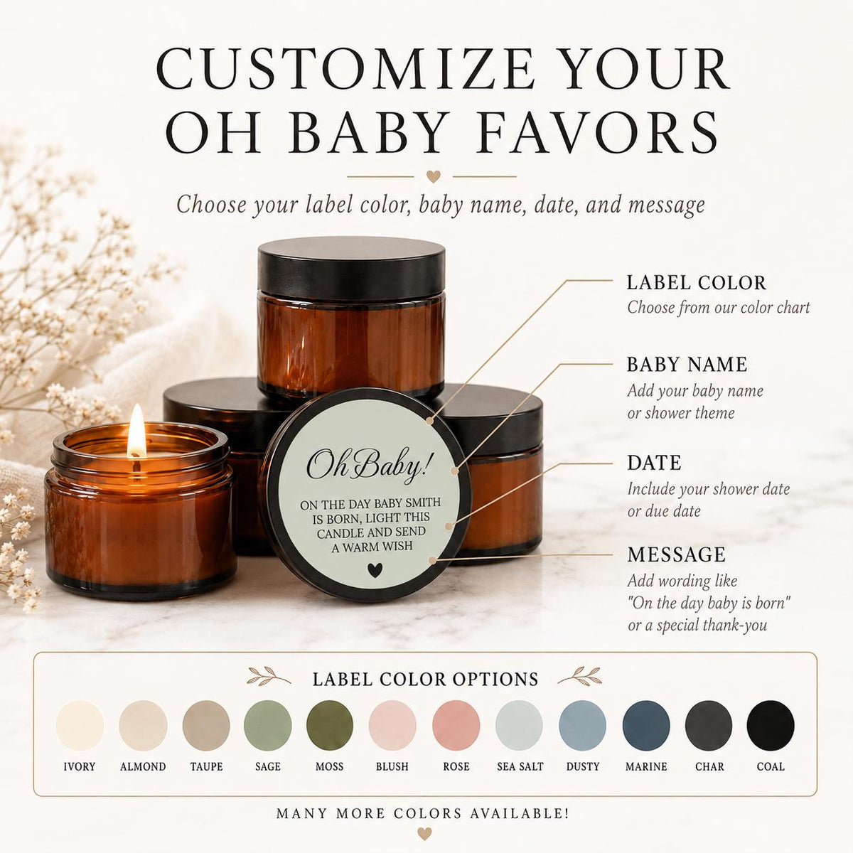 Baby Shower Candle Favors | 1 oz & 2 oz Mini Soy Candles | Oh Baby Custom Guest Bulk Favors in Sets of 10 | Scent of Choice | Brown Glass
