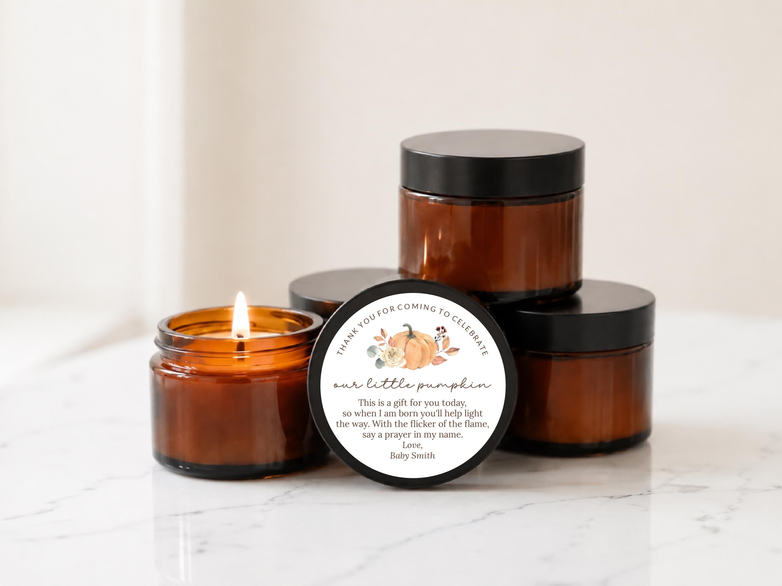Little Pumpkin Baby Shower Favors | Personalized 1 oz & 2 oz Mini Soy Candles | Brown Glass Jars | Scent of Choice | Sets of 10 Bulk