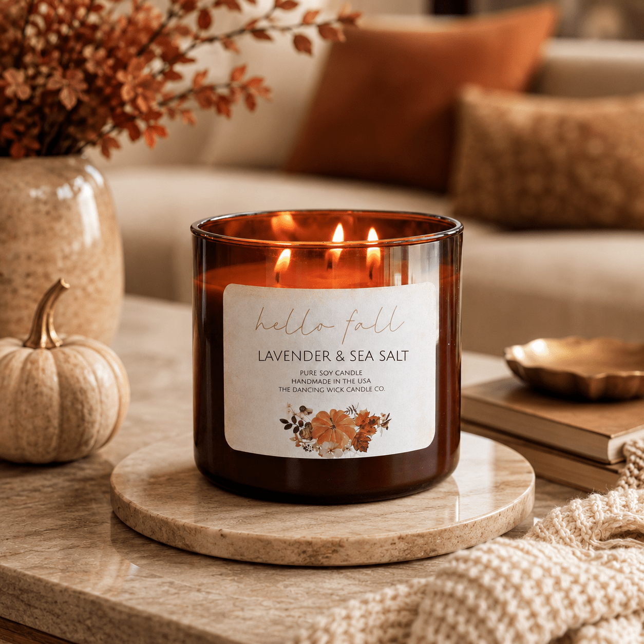 Lavender & Sea Salt - 3 Wick Fall Pumpkin Candle - The Dancing Wick