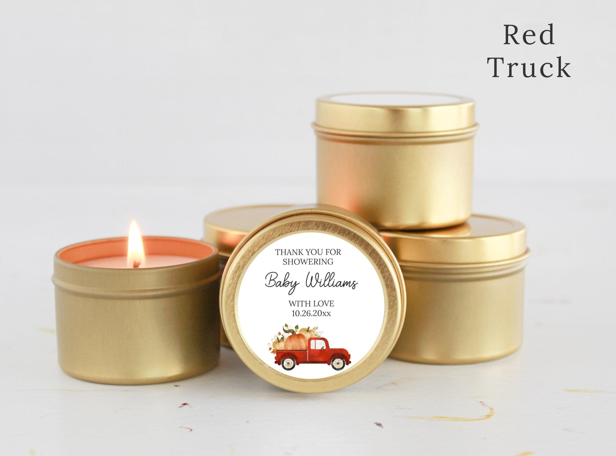 Little Pumpkin Truck Baby Shower Favors Tins - The Dancing Wick