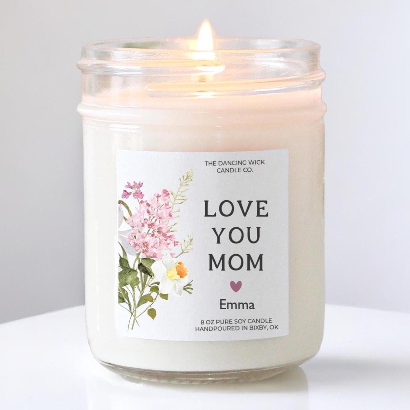 Love You Mom Candle: Personalized Floral Soy Candle - The Dancing Wick