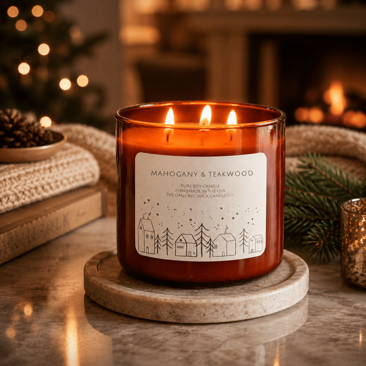 Mahogany & Teakwood - 3 Wick Christmas Tumbler Candle - The Dancing Wick