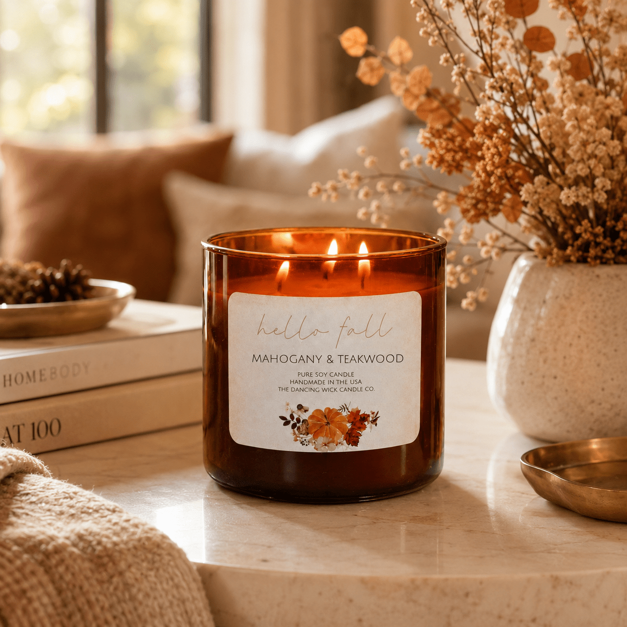 Mahogany & Teakwood - 3 Wick Fall Pumpkin Candle - The Dancing Wick