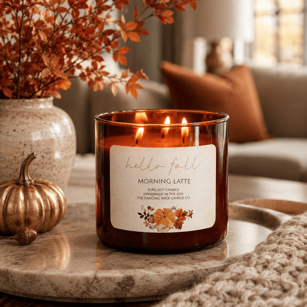 Morning Latte - 3 Wick Fall Pumpkin Candle - The Dancing Wick