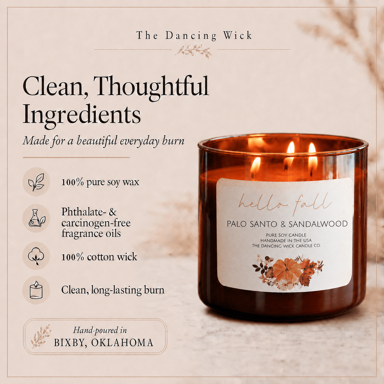 Palo Santo & Sandalwood - 3 Wick Fall Pumpkin Candle - The Dancing Wick