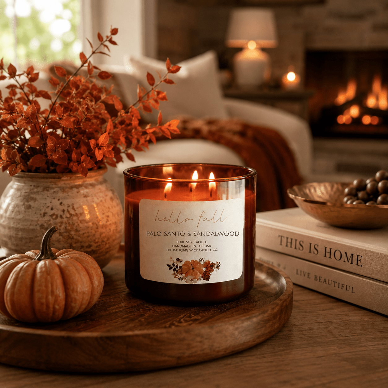 Palo Santo & Sandalwood - 3 Wick Fall Pumpkin Candle - The Dancing Wick