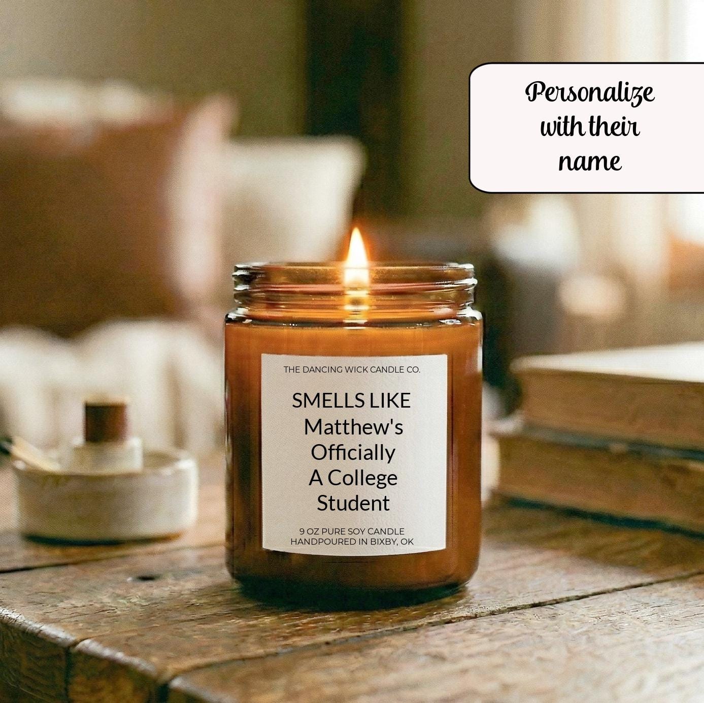 Personalized Going to College Amber Candle Gift - The Dancing Wick