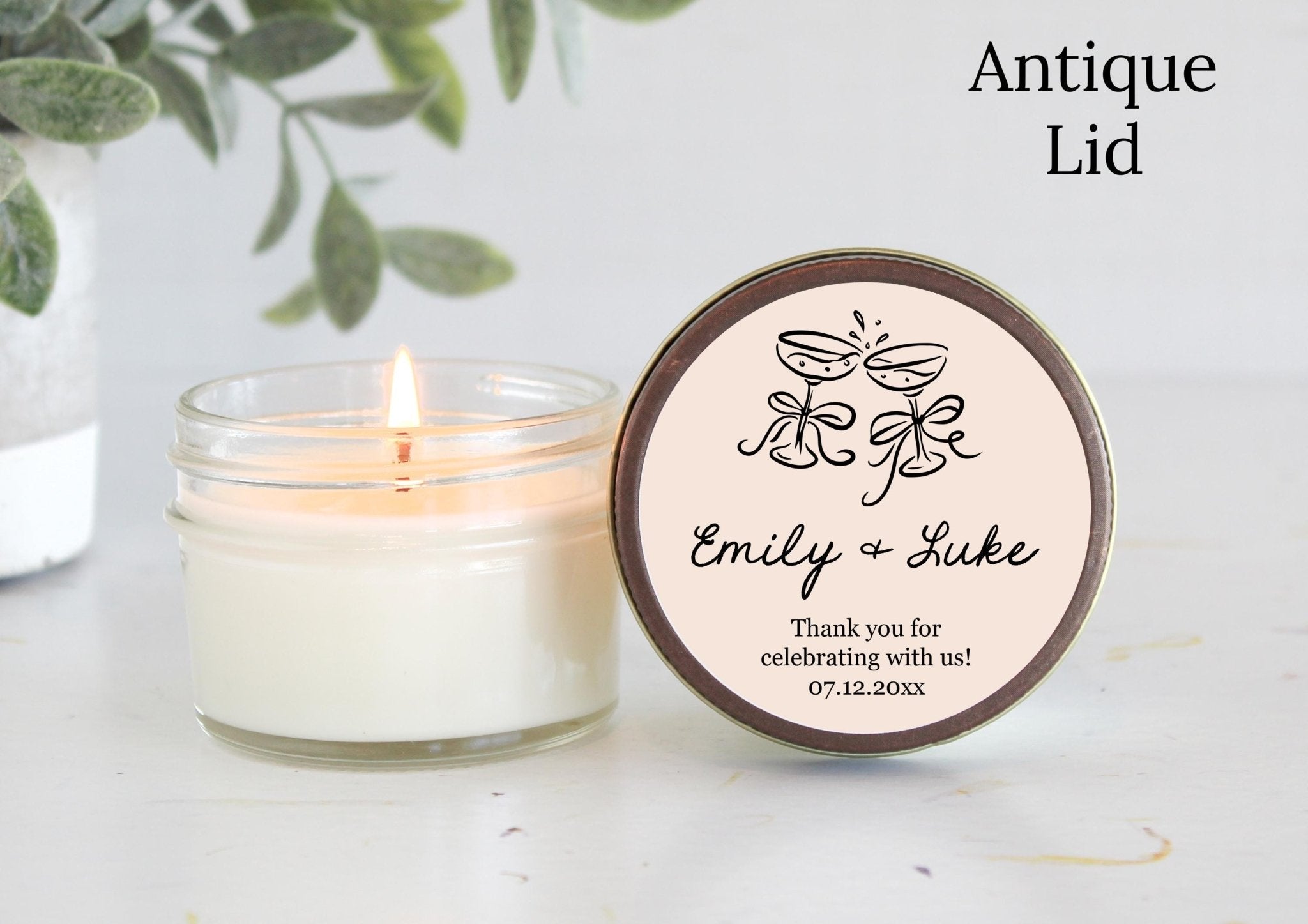 Personalized Wedding Favor Candles – Hand drawn Champagne Style - The Dancing Wick