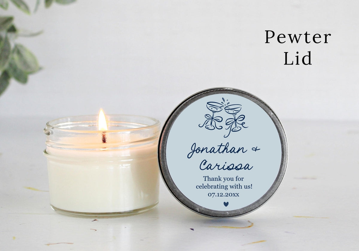 Personalized Wedding Favor Candles – Hand drawn Champagne Style - The Dancing Wick