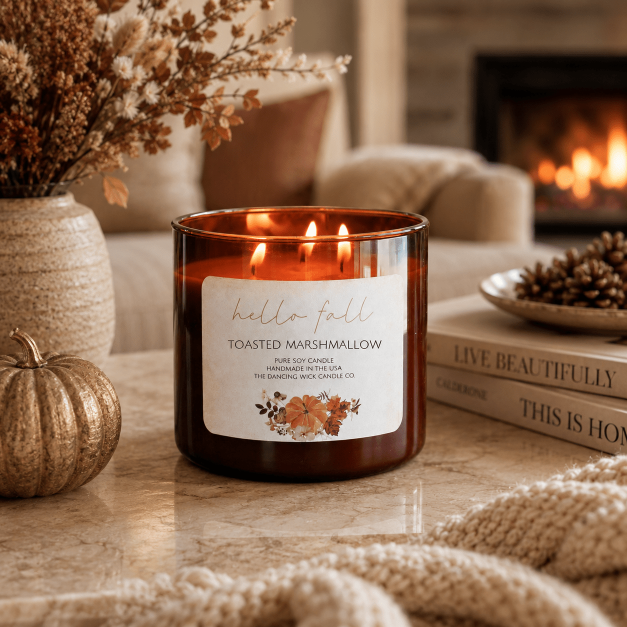 Toasted Marshmallow - 3 Wick Fall Pumpkin Candle - The Dancing Wick
