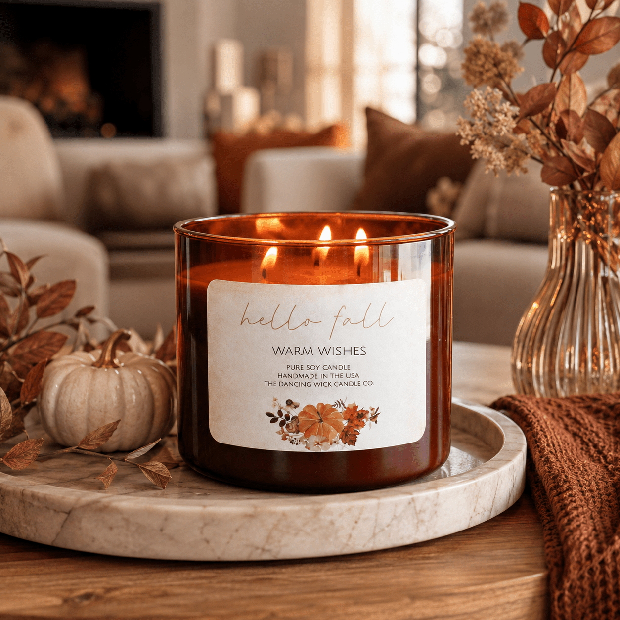 Warm Wishes - 3 Wick Fall Pumpkin Candle - The Dancing Wick